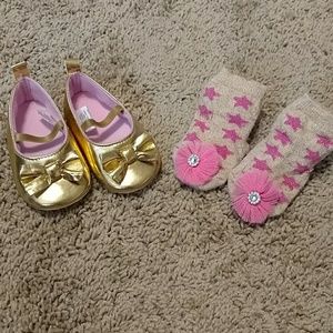 Gold shoes and pink slipper socks